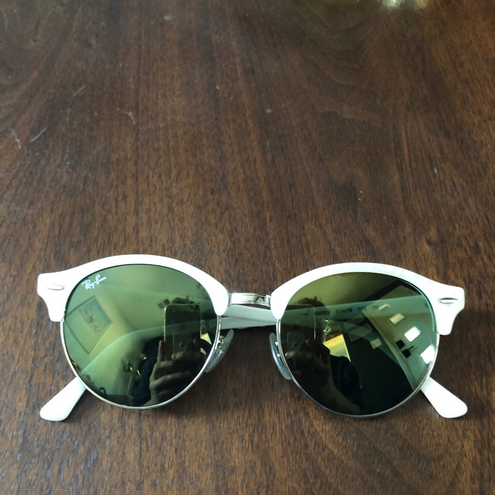 Ray-Ban Women's White Frame Green Mirrored Round Sunglasses - Clubmaster Style - Picture 2 of 4